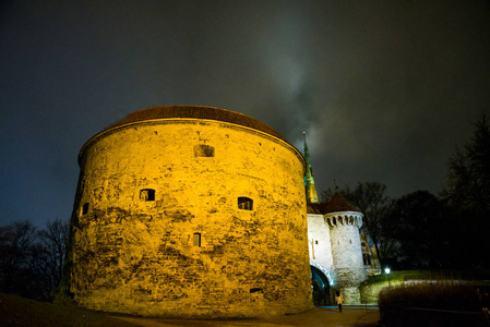 脂肪玛格丽特大炮塔。 美丽的夜景入口的堡垒与照明塔林爱沙尼亚。