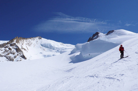 越野滑雪者欣赏Zermatt上方瑞士阿尔卑斯山的蒙特罗萨山脉和冰川