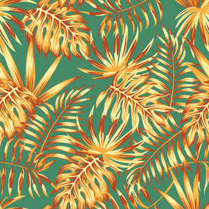 抽象颜色棕榈叶怪物复古风格无缝图案。 弹簧壁纸