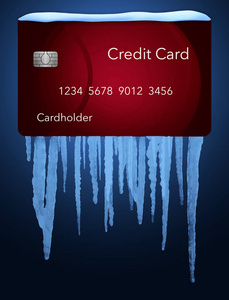 信用冻结或冻结您的信用报告是代表冰柱和雪在模拟信用卡解决的背景。 这是一个例子。