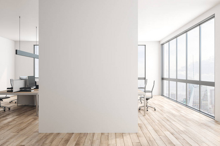 现代办公室内部，墙壁上有空白的复印空间，纽约城市景观和家具。 模拟3D渲染