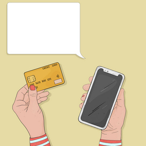 妇女用信用卡和智能手机支付网上购物费用。信用卡付款。布局。模板