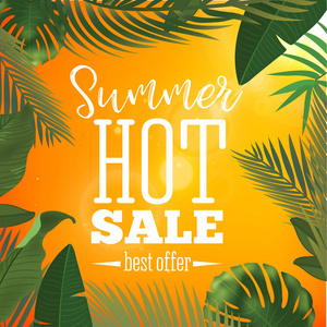 夏季销售横幅。向量例证与热带花和棕榈叶子。逼真的太阳耀斑。广告或网页设计模板