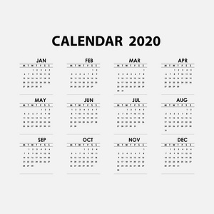 2020年日历模板。日历2020套12个月。每年日历矢量设计文具模板。矢量插图。