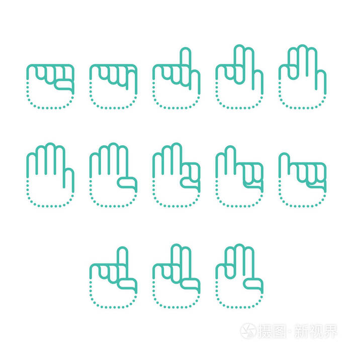 手指计数数字图标设置手语概念线点平面设计绿色插图隔离白色背景矢量