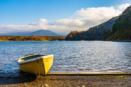 秋季日本大林湖畔有船枫叶树的富士山美景