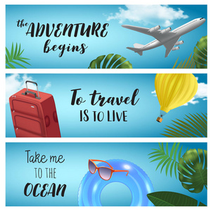 一套向量激素夏季旅游横幅与彩色气球, 充气戒指, 飞机, 袋子, 太阳镜和棕榈叶