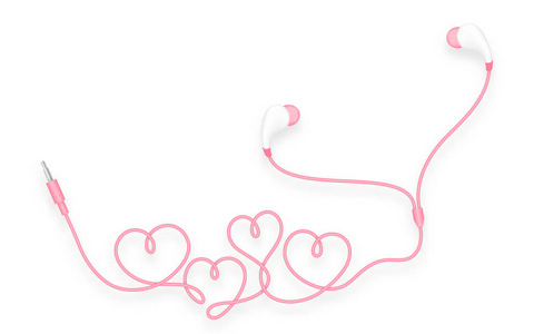 耳机，耳型，粉红色和心脏符号，由电缆隔离在白色背景，与复制空间。