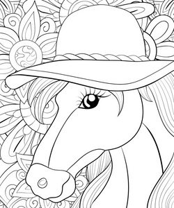 一匹可爱的马，在抽象的背景上戴着一顶帽子，一张用来放松活动的帽子图像。成人和儿童的彩色书页。印刷的线条艺术风格插图。海报设计。