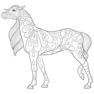 一匹可爱的马，带有装饰图像，用于放松活动。成人着色书页。六种艺术风格插图。海报设计。