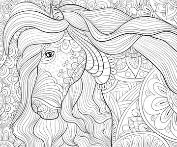 一匹可爱的马，在抽象的花卉背景图像上装饰，用于放松活动。成人着色书页。六种艺术风格的插图。海报设计。