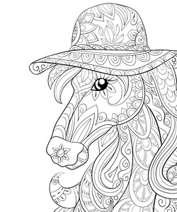 一匹可爱的马，戴着帽子，用来放松活动。成人和儿童的彩色书页。印刷的线条艺术风格插图。海报设计。