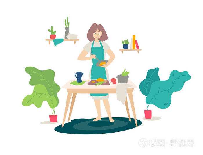 矢量. 平面卡通风格. 做饭的女人. 自制健康食品. 健康的生活方式.