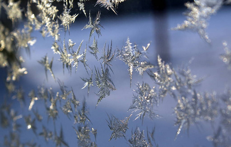 寒冷的冬天，玻璃上结冰的雪花