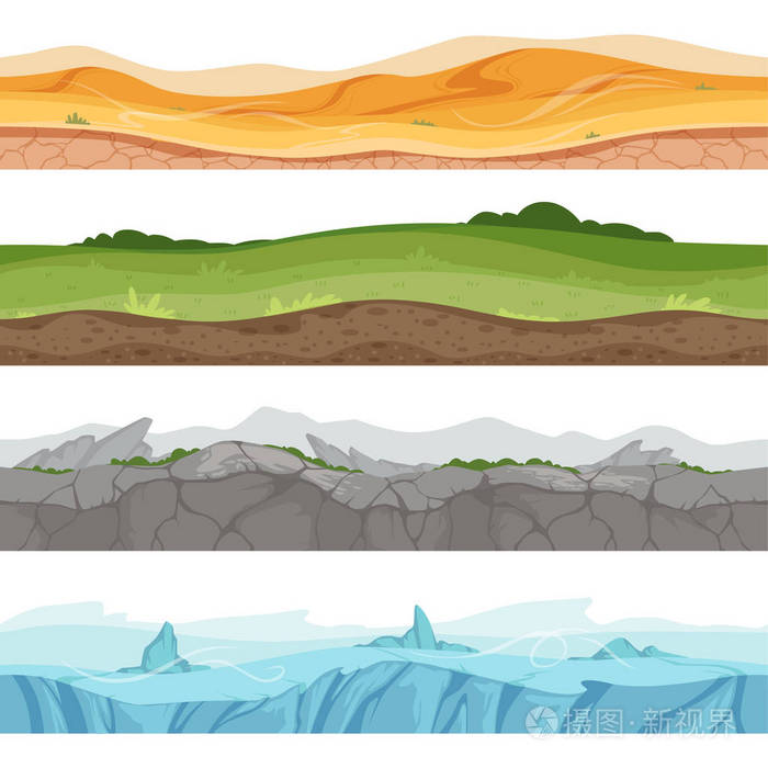 无缝接地表面.视差沙漠沙草水地面矢量环境为2d 卡通游戏