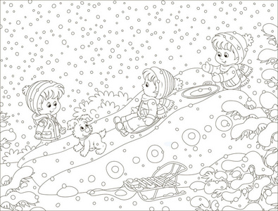 在一个冬季公园里，孩子们在冰雪覆盖的操场上玩冰滑梯，用卡通风格的黑白矢量插图制作着色书