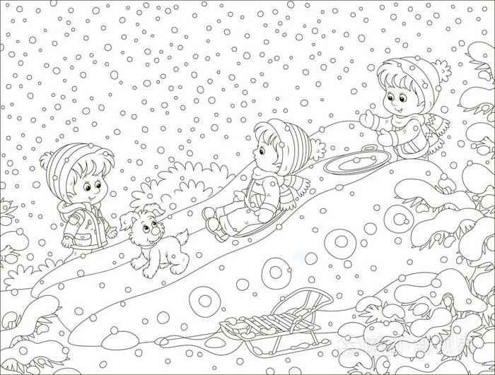 插画 在一个冬季公园里,孩子们在冰雪覆盖的操场上玩冰滑梯,用卡通