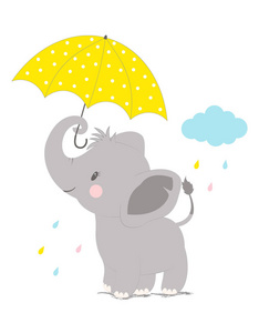 卡通风格的图标，滑稽的大象，带着雨伞，背上云，简单的孩子气人物，婴儿淋浴贺卡。