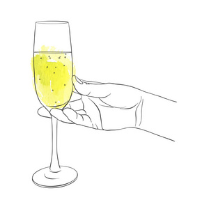 手拿一杯香槟，在白色背景下画孤立的符号