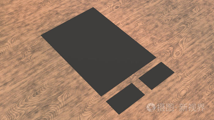 一张黑纸和两张名片躺在木桌上.品牌模型.3d染插图.