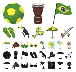 国家巴西卡通, 黑色图标在集合集合为设计。旅行和吸引力巴西向量标志股票网例证