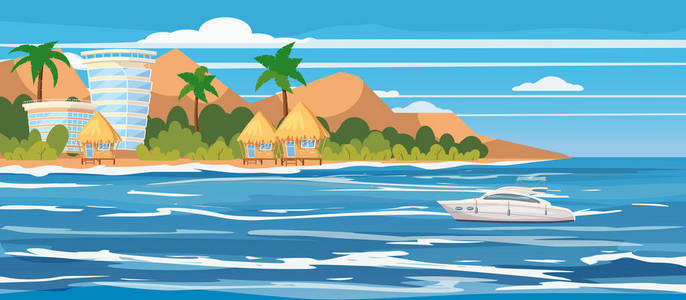 热带岛屿, 酒店, 平房, 度假, 旅游, 休闲船, 海景, 海洋, 模板, 横幅, 广告, 矢量, 插图, 孤立, 卡通风格
