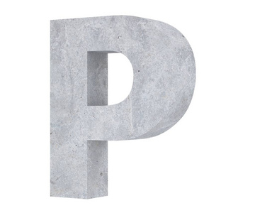 白色背景上孤立的混凝土大写字母p。 三维渲染图