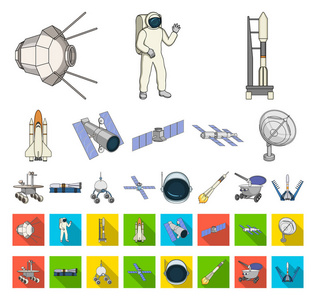 空间技术卡通平面图标在集合集合设计。航天器和设备矢量符号股票插图。