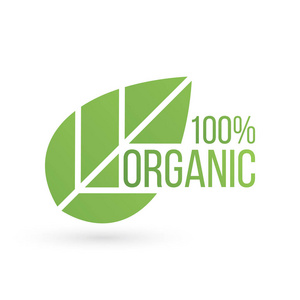 生物产品生态100有机叶徽贴纸或标志。 白色背景下分离的矢量插图
