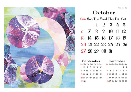 艺术日历2019与石油疼痛。热带设计。表格模板日历。周从星期天开始。10月10日
