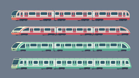 套Passanger现代电动高铁列车..铁路地铁或地铁运输。地下运输。矢量平面插图隔离在白色上。