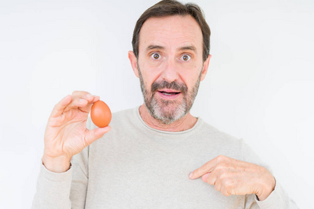 老人手里拿着新鲜鸡蛋，脸上带着惊讶的表情，手指着自己