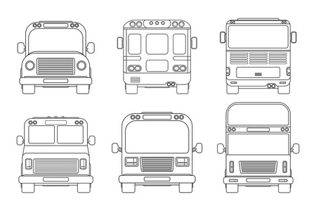 一套各种城市巴士。正面和背面的视图。在白色查出的大纲向量例证