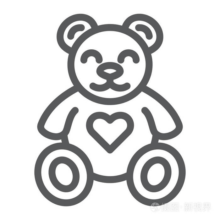 泰迪熊线图标, 动物和孩子, 毛绒玩具标志, 矢量图形, 在白色背景的