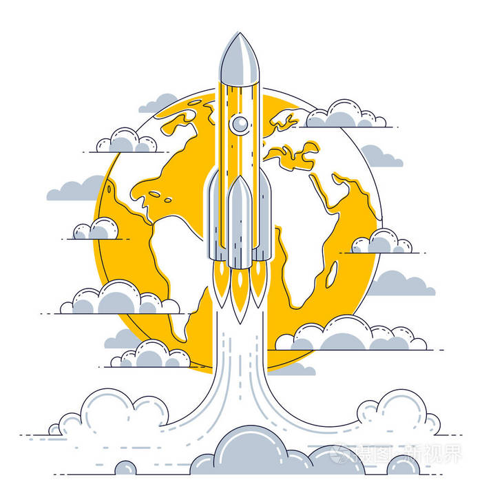 插画 火箭发射到未被发现的空间,背景是行星地球,探索宇宙,惊人的空间
