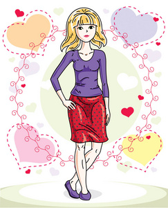 迷人的年轻金发女子成人站在五颜六色的背景与情人节浪漫的心在休闲服装矢量人体插图