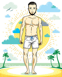 一位长着胡子英俊的黑发青年穿着短裤站在热带海滩上，以运动型男性暑假生活方式主题漫画为例