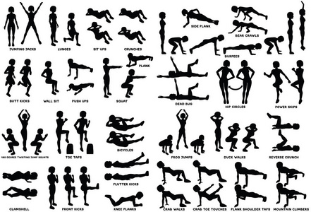 体育锻炼。 女人做运动的剪影。 锻炼训练矢量插图。 跳跃千斤顶仰卧起坐仰卧起坐仰卧起坐等