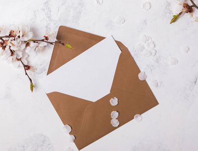 空白纸的信封和带柔软白色花瓣的春花树枝