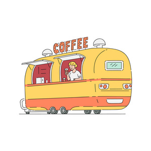 复古风格的矢量素描街咖啡车图片