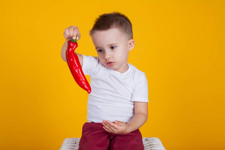 小男孩看着红色的辣椒粉新鲜蔬菜