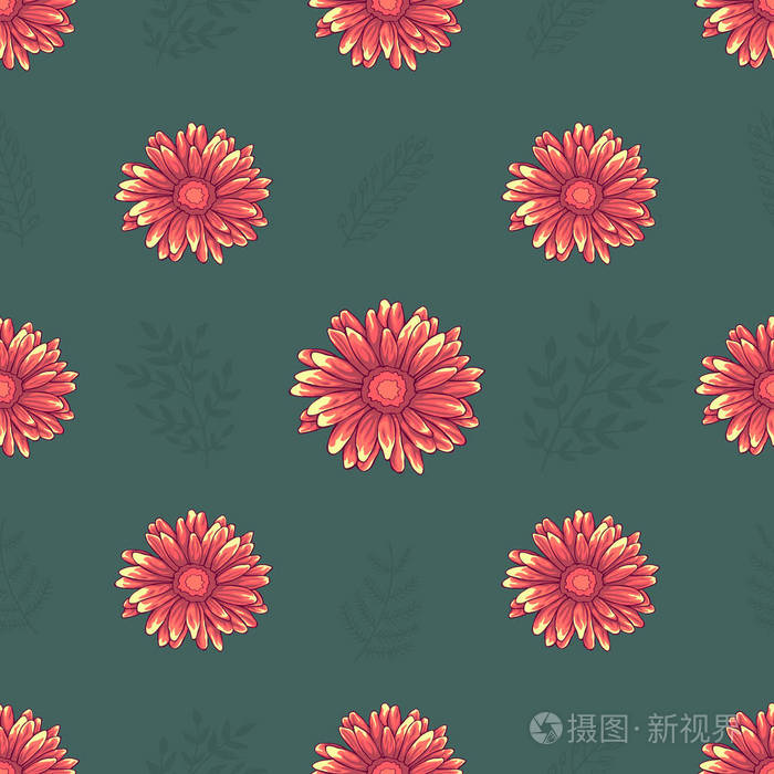 无缝的样式与橙色雏菊花在绿色背景
