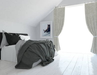 斯堪的纳维亚客厅内部有床和木制地板的理念。家北欧内部。3D图案