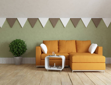 白色斯堪的纳维亚客厅内部有沙发和植物的想法。 家北欧内部。 三维插图