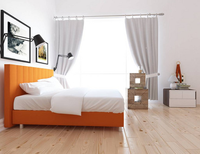 一个白色斯堪的纳维亚客厅内部与床和木制地板的想法。 家北欧内部。 三维插图