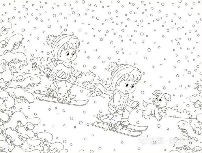 在白雪覆盖的冬季公园里,孩子们在雪山上滑雪,黑白轮廓矢量插图,为一