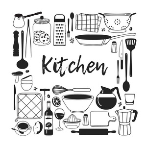 手绘插图烹饪工具，菜肴和食物。 创意水墨艺术作品。 实际矢量绘图。 厨房设置矢量