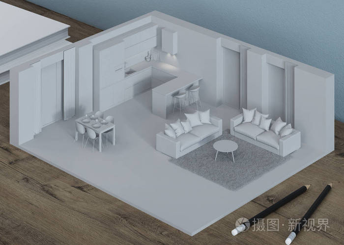 桌面上的内部模型. 三维建模. 3d课程. 三维渲染.