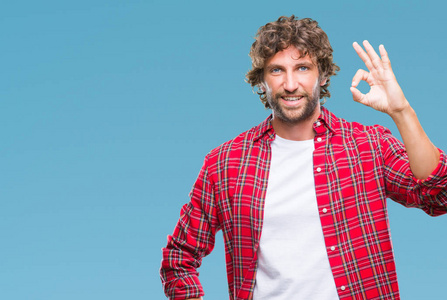 英俊的西班牙裔模特男人在孤立的背景上微笑，积极地用手和手指做OK标志。 成功的表达。