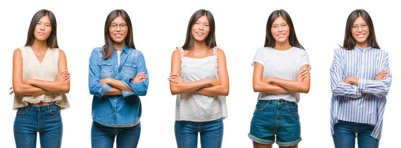 中国亚裔妇女在孤立背景上的拼贴画幸福的脸微笑着交叉双臂看着镜头。积极的人。